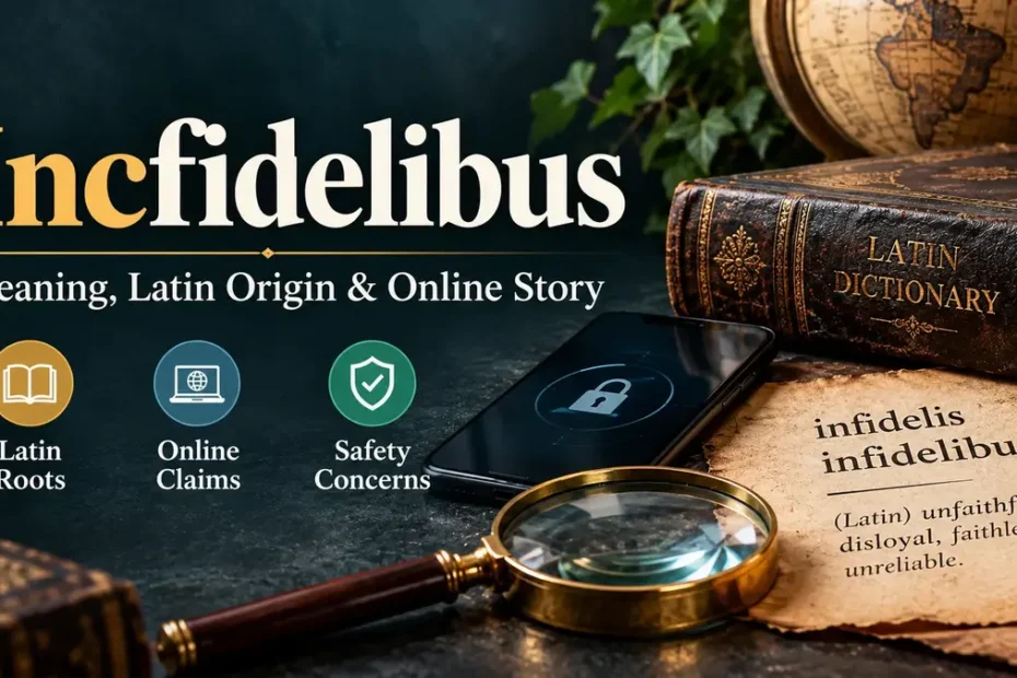 Incfidelibus meaning and Latin origin with an antique dictionary, globe, smartphone, and magnifying glass
