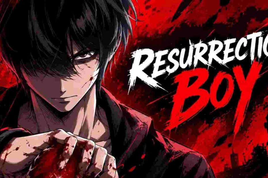 A dark-haired anime boy with a bloodied fist in a dramatic red and black Resurrection Boy comic poster.