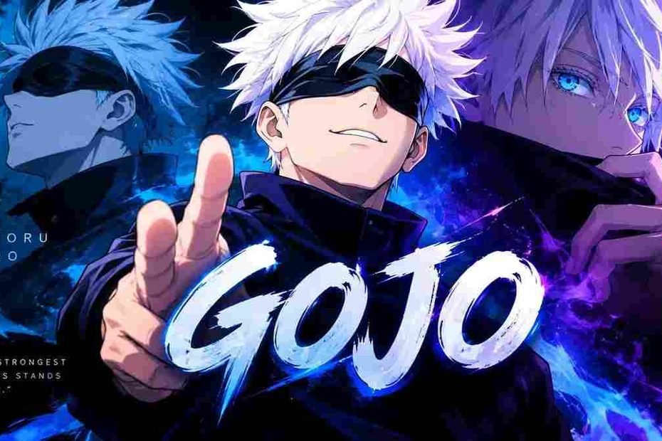 Satoru Gojo with white hair, black blindfold, and blue-purple energy effects from Jujutsu Kaisen anime.