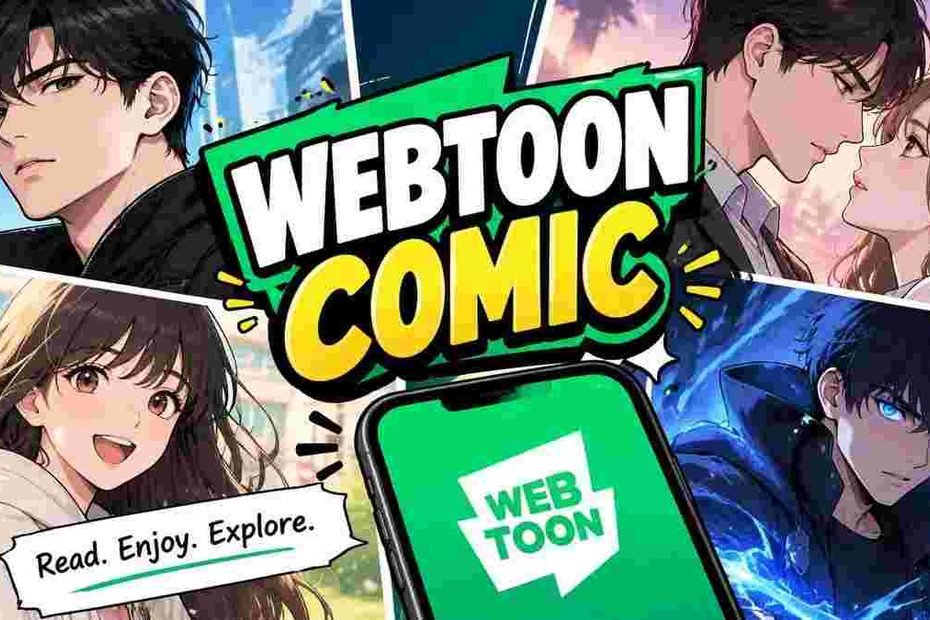 Colorful webtoon comic illustration featuring anime characters, romance scenes, and fantasy artwork.